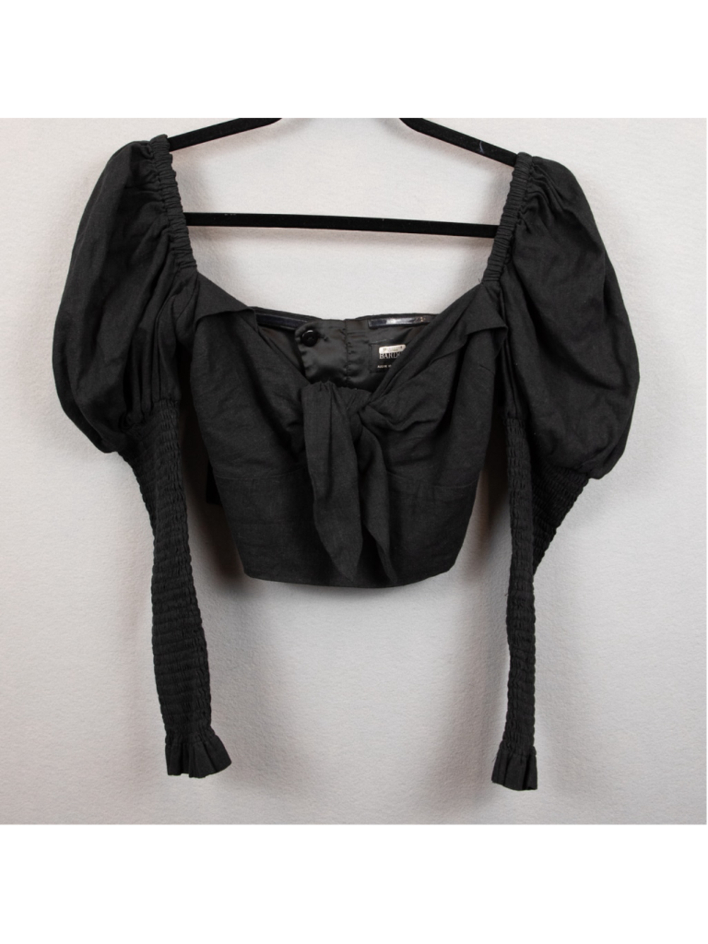 Bardot black tie-front puff sleeve linen blend crop top-6